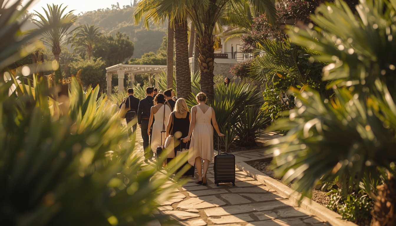 Guests arriving at the destination venue with luggage and welcome bags