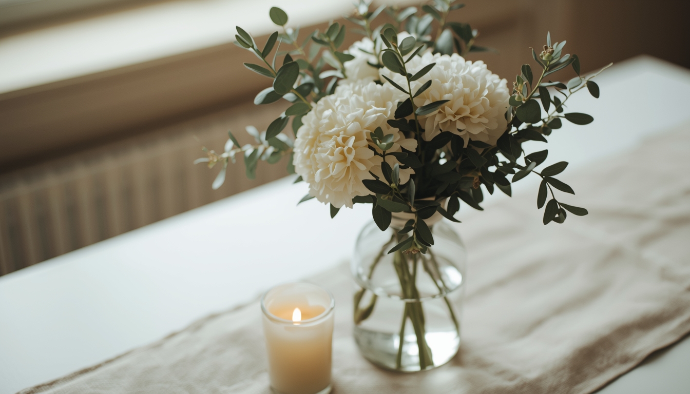 DIY centerpiece with grocery-store flowers and candle