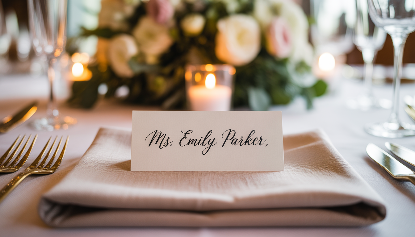 Elegant place card on a set wedding table with calligraphy