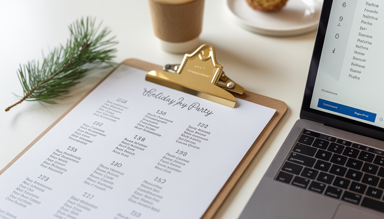Printed seating chart on clipboard next to laptop with digital planner