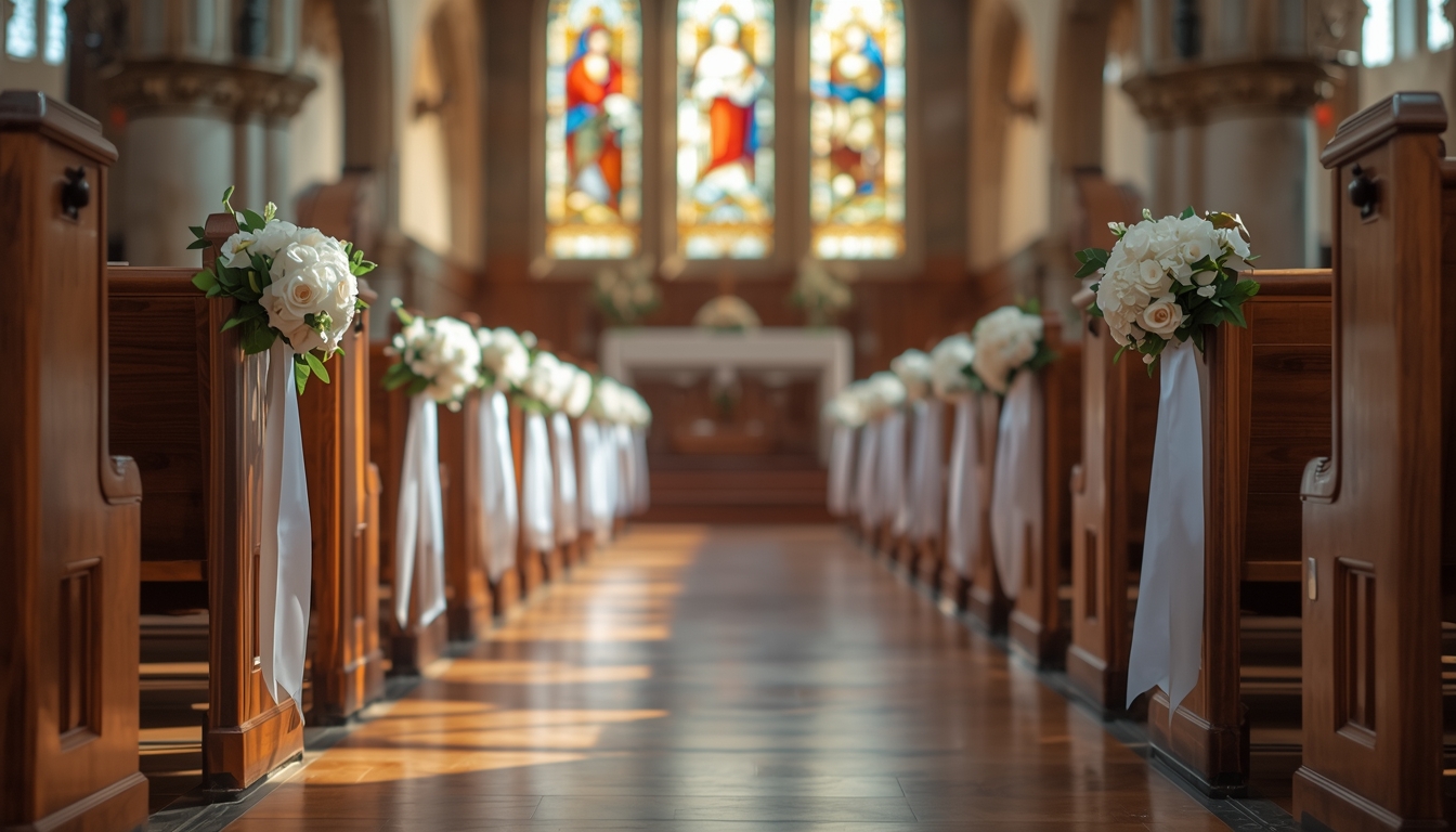 Empty Catholic church interior viewed from the back of the aisle