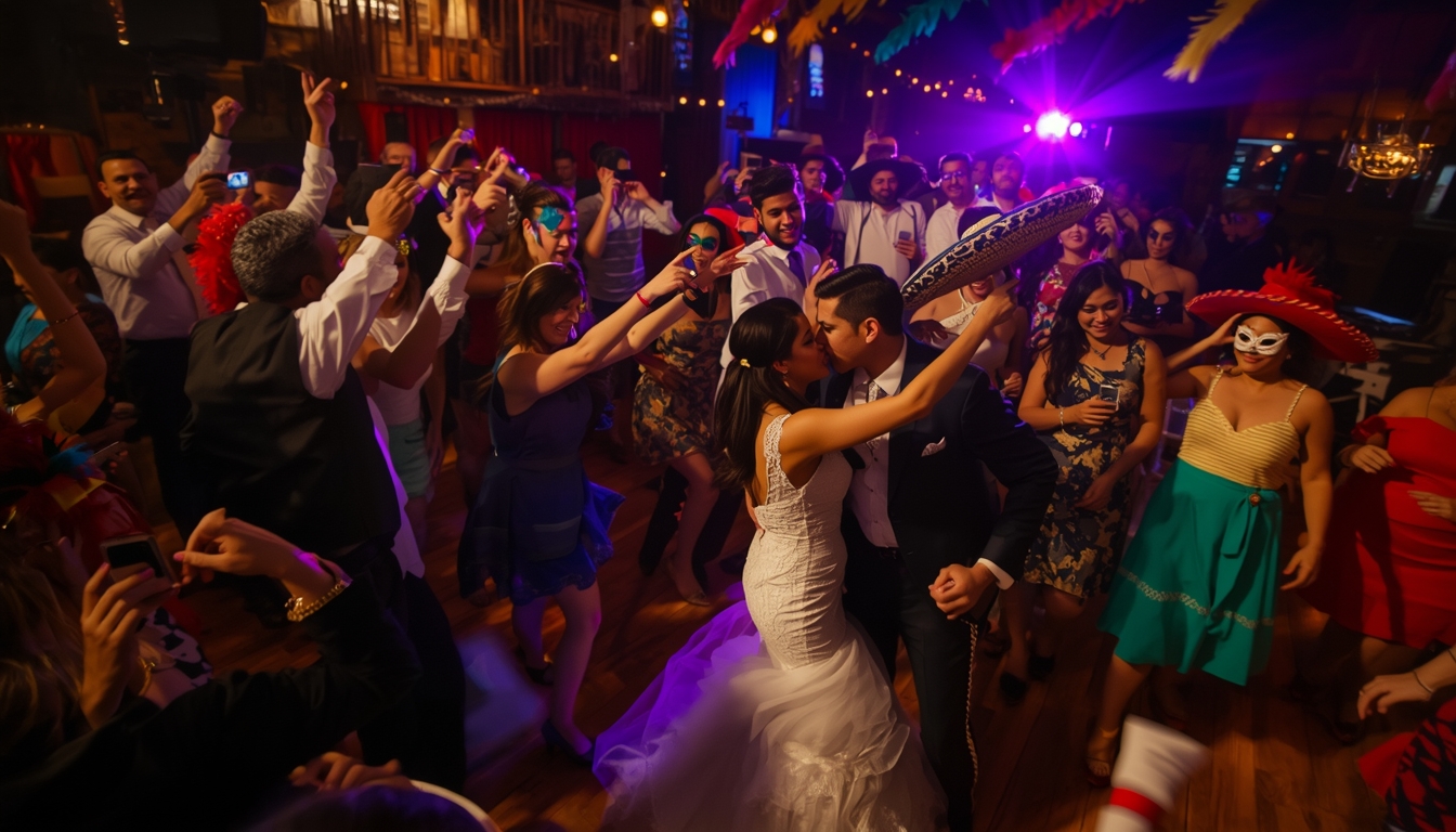Late-night Mexican wedding reception during La Hora Loca with guests on the dance floor