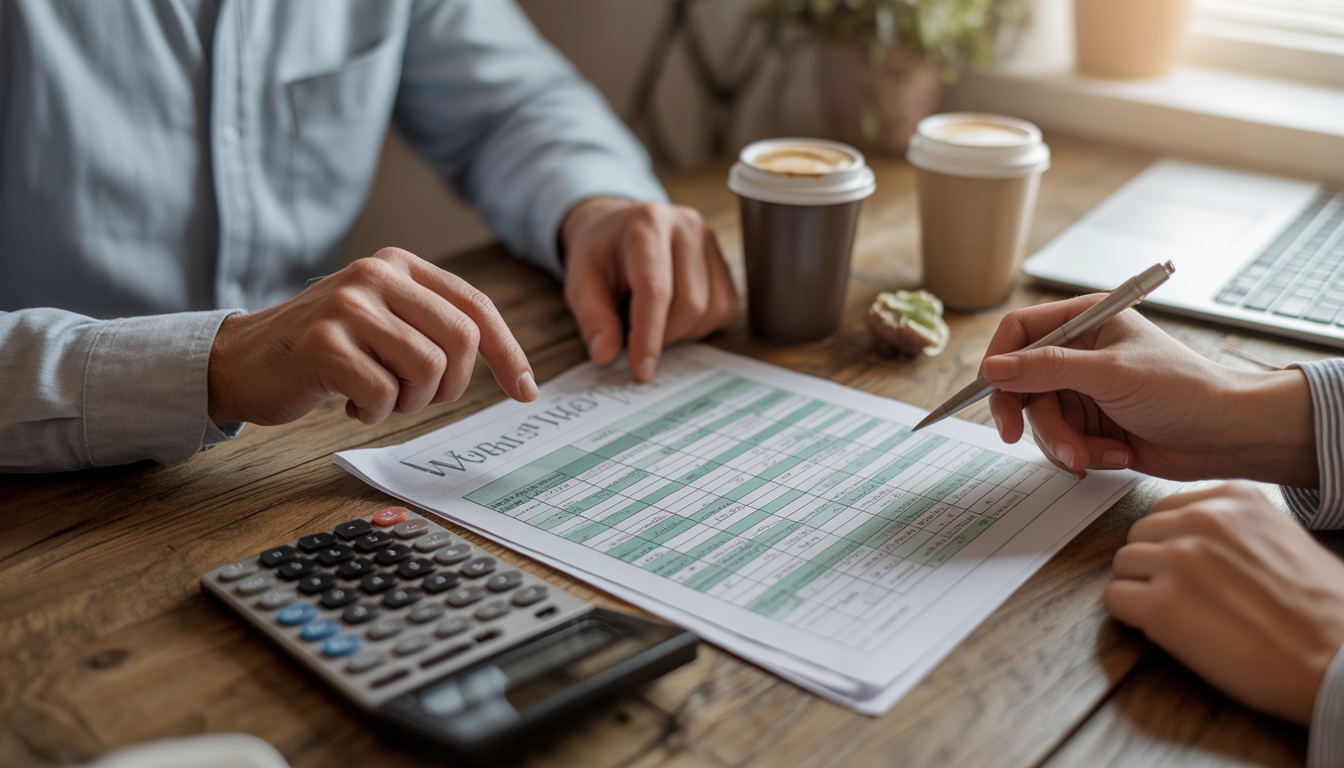Couple reviewing budget spreadsheet at a wooden table
