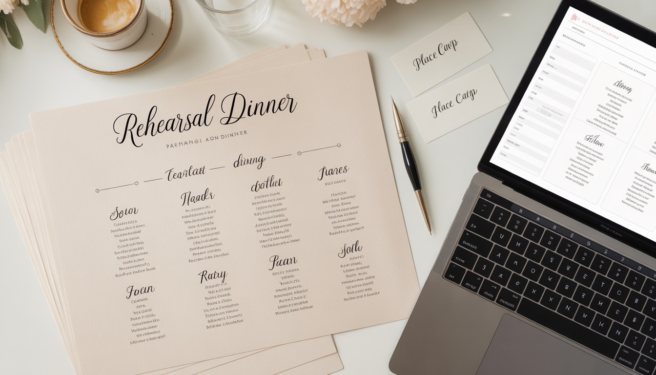 Printed rehearsal dinner seating chart with laptop showing digital planner