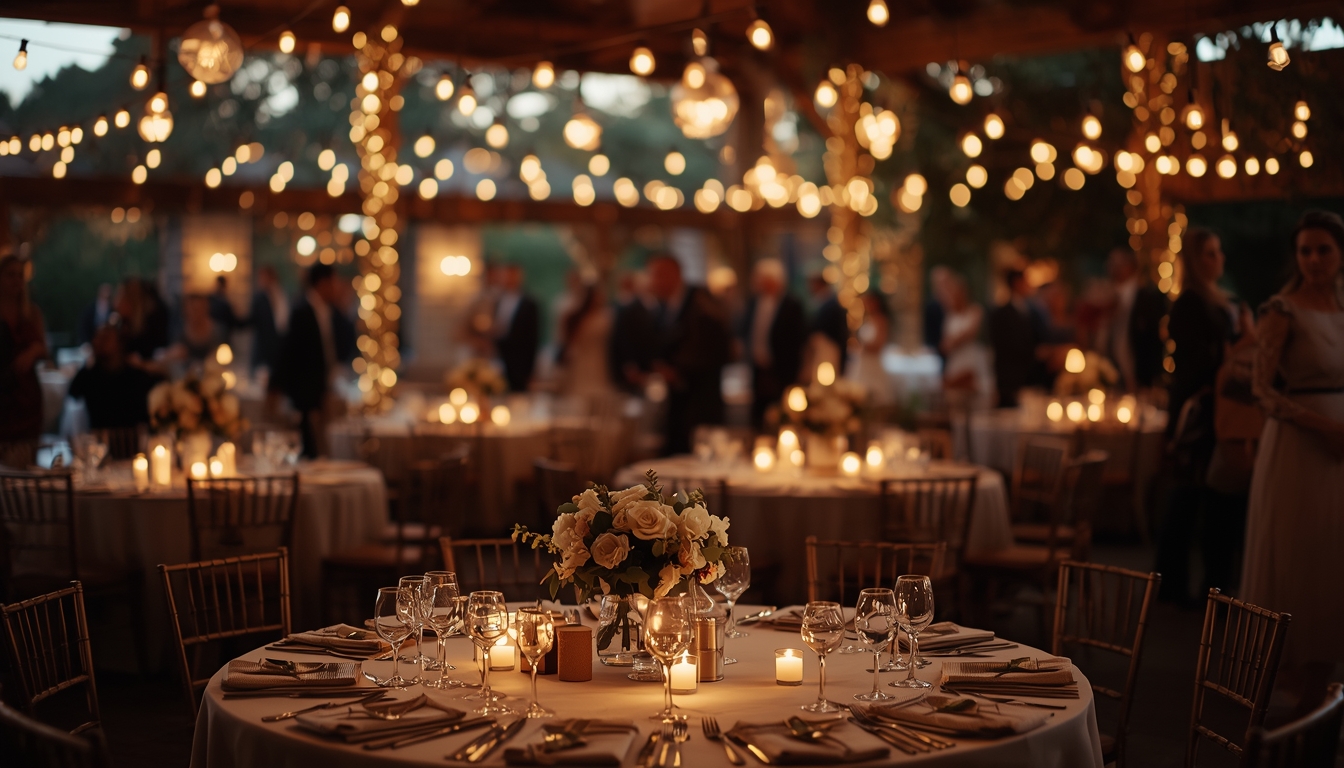 Wide shot of a set reception room with candlelight and blurred guests
