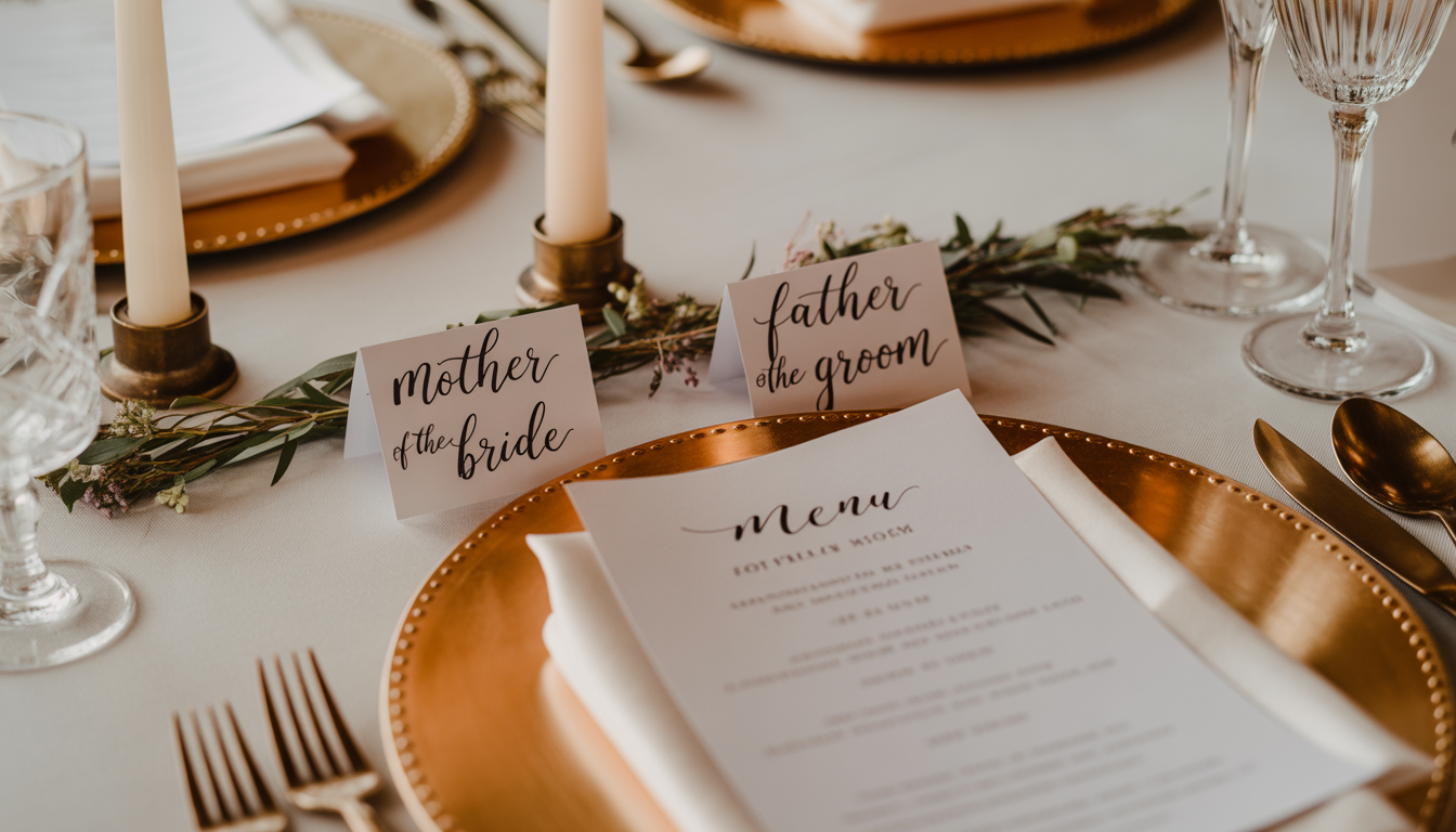 Head table place cards reading Mother of the Bride and Father of the Groom