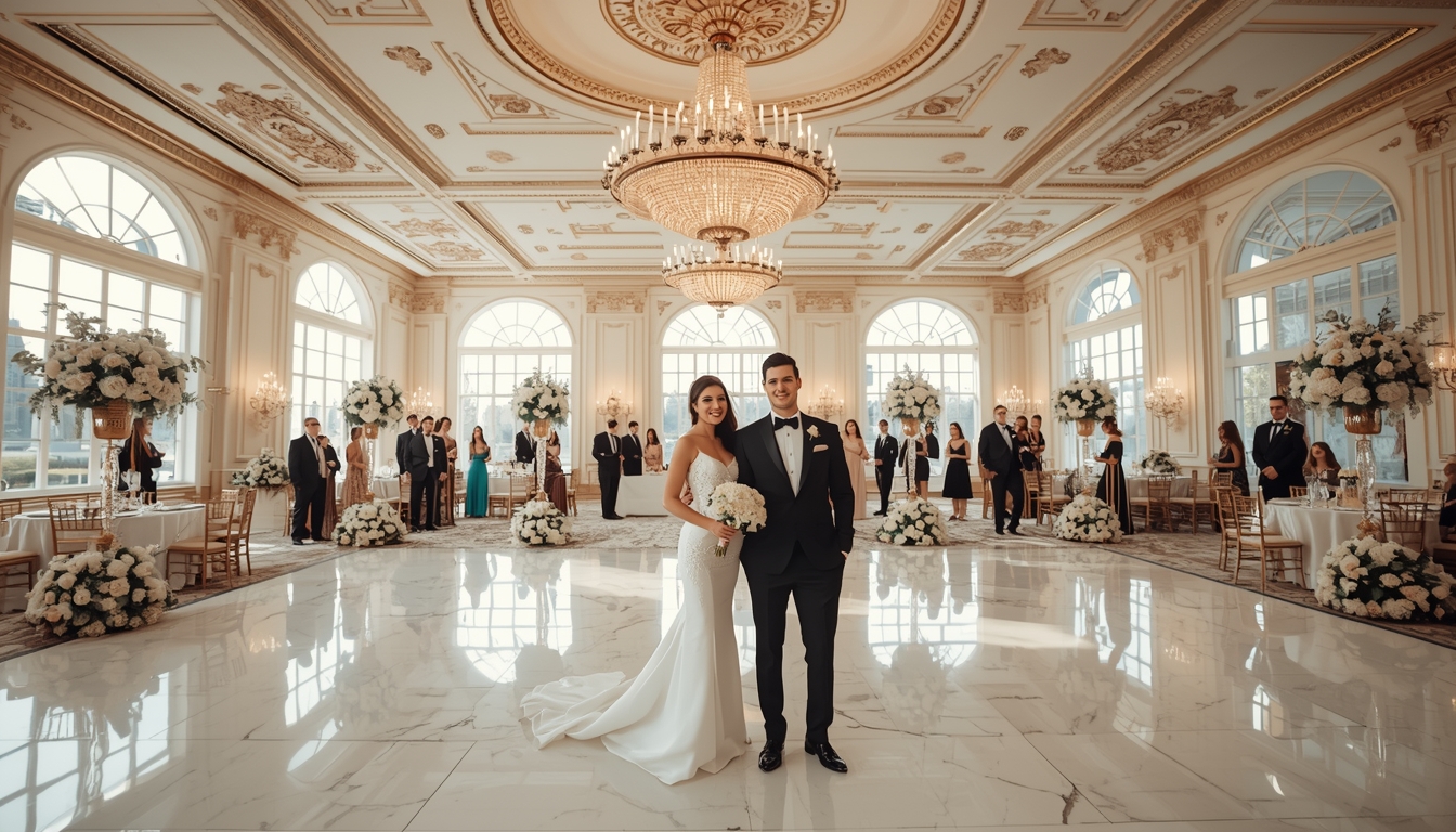 Big wedding venue with couple in middle