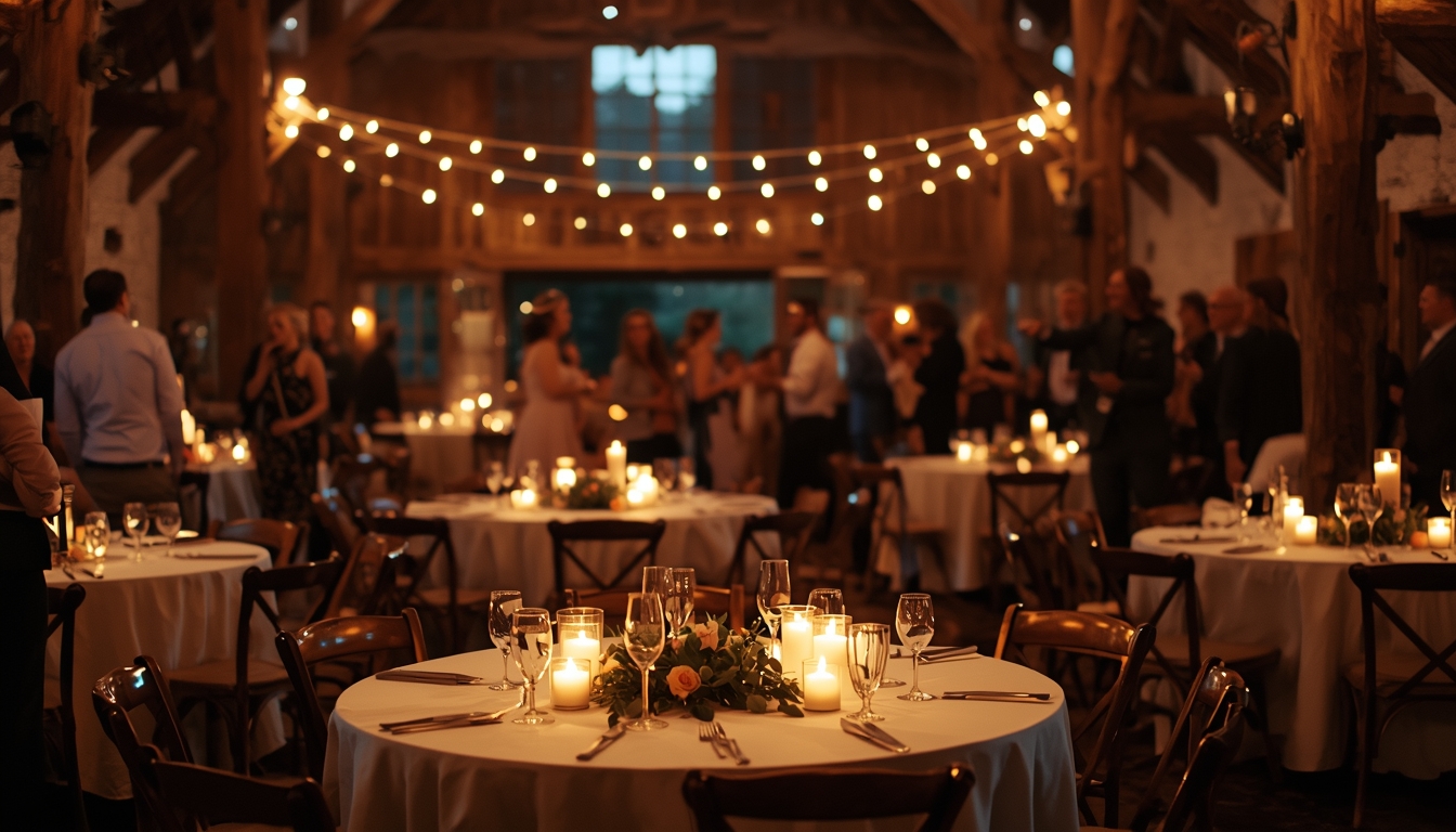 Warm candlelit small wedding reception inside a rustic barn