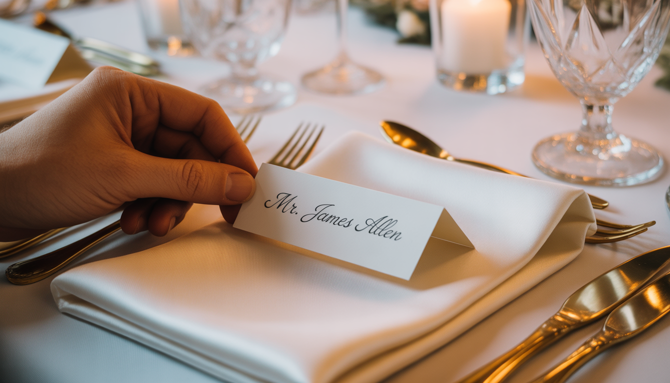 Close up of a place card being placed on a folded napkin at a reception table