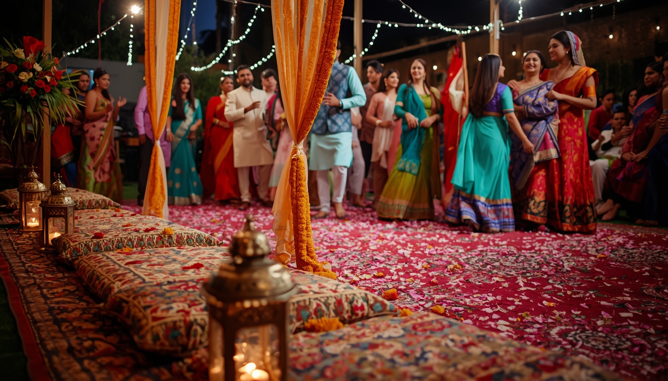 Vibrant sangeet event setup with low floor seating