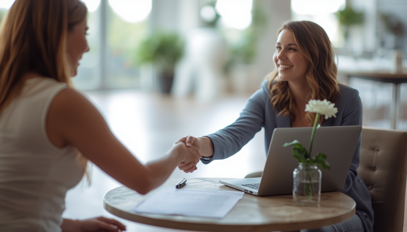 Couple shaking hands with a wedding venue coordinator