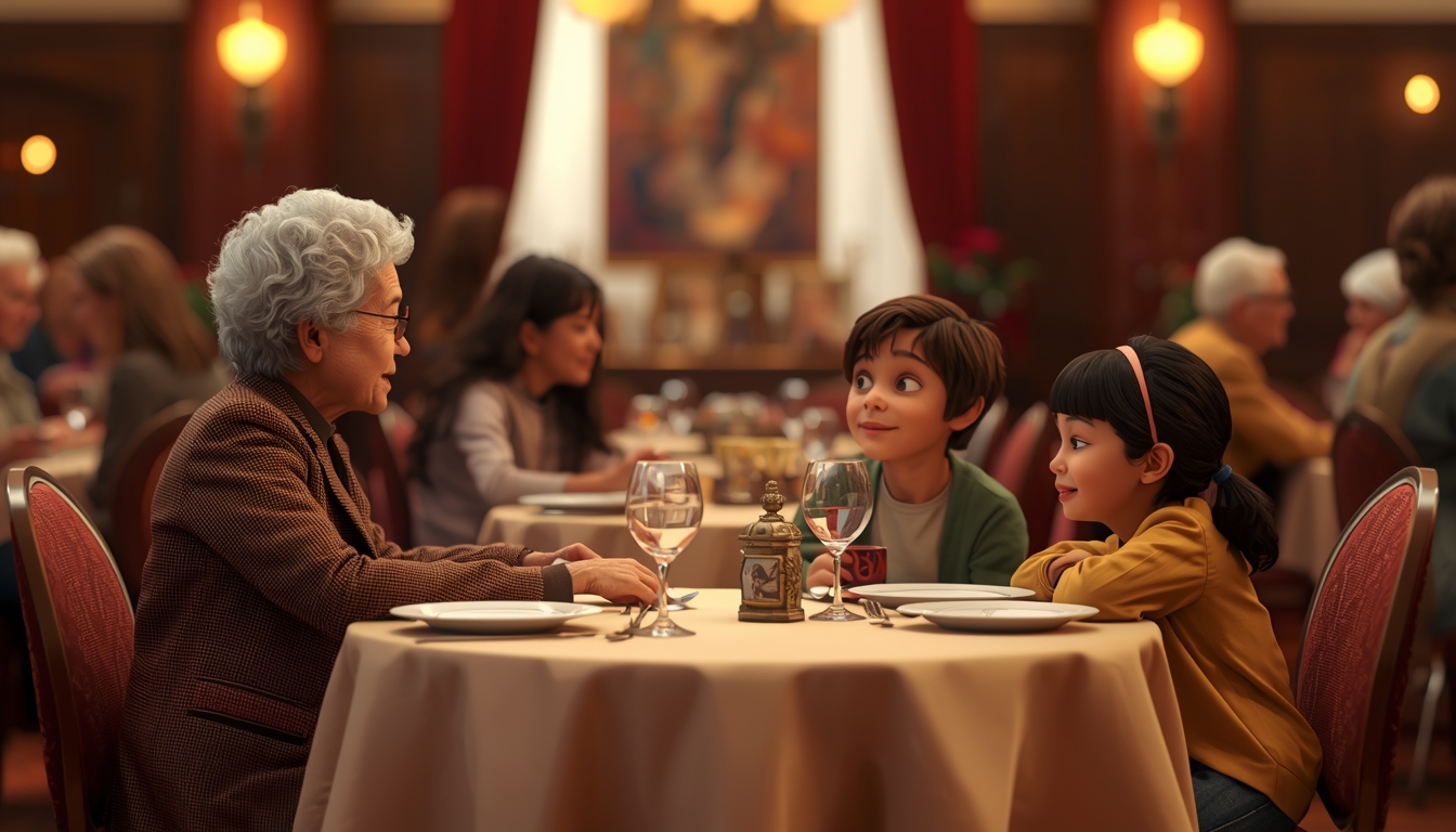 Grandma sitting with her grandchildren by a table
