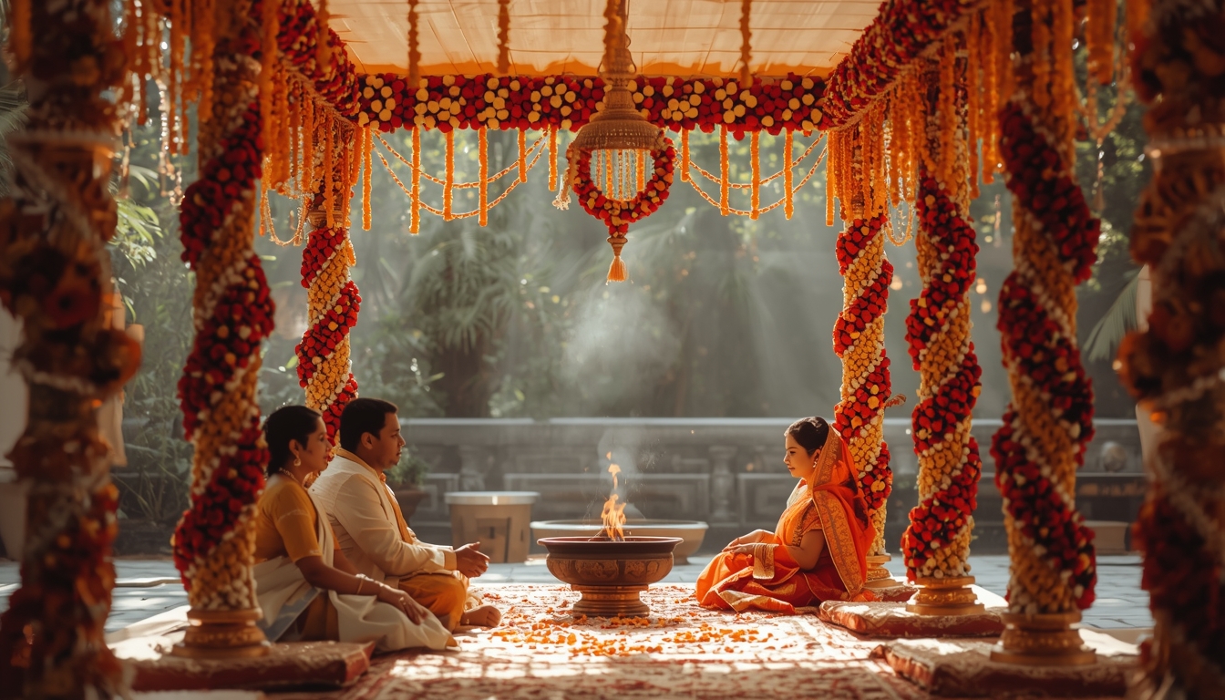 Traditional Hindu wedding mandap with four pillars