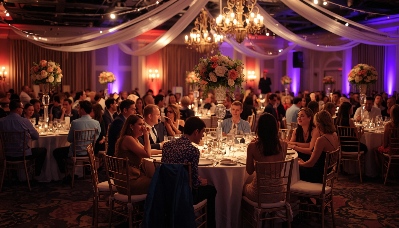 Wedding reception during dinner service showing guests seated at round tables