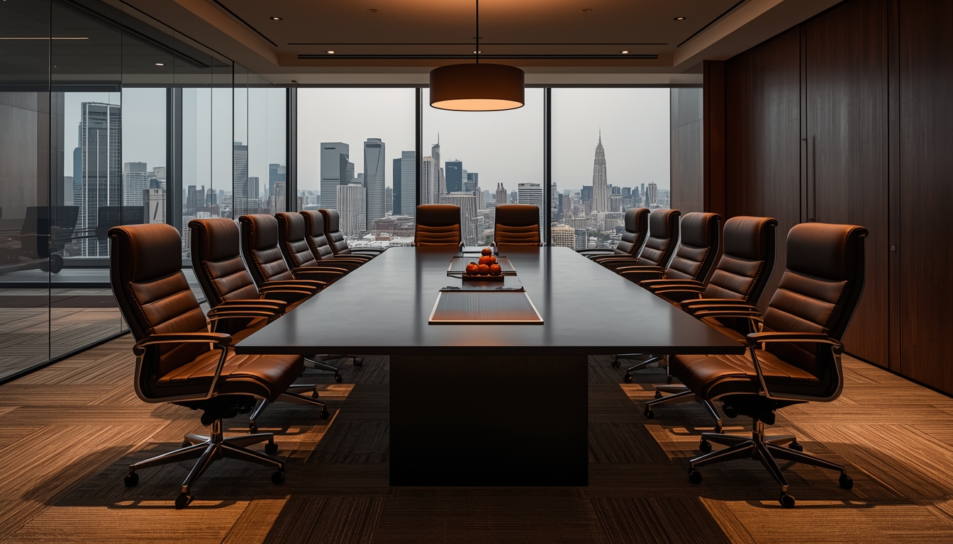 Elegant boardroom with rectangular table and leather chairs