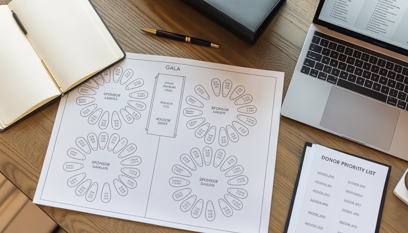 Printed gala floor plan with circular tables labeled by sponsor name