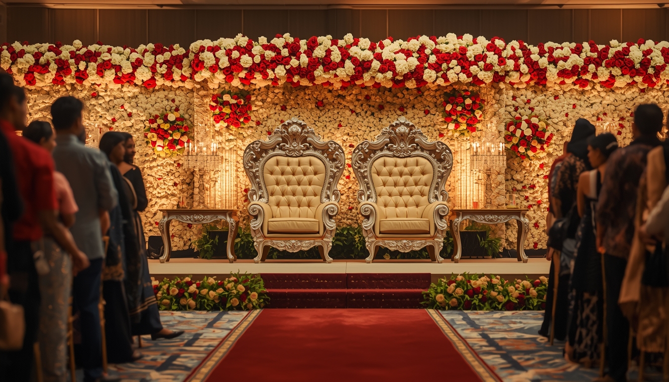 Indian wedding reception stage with two ornate throne-style chairs