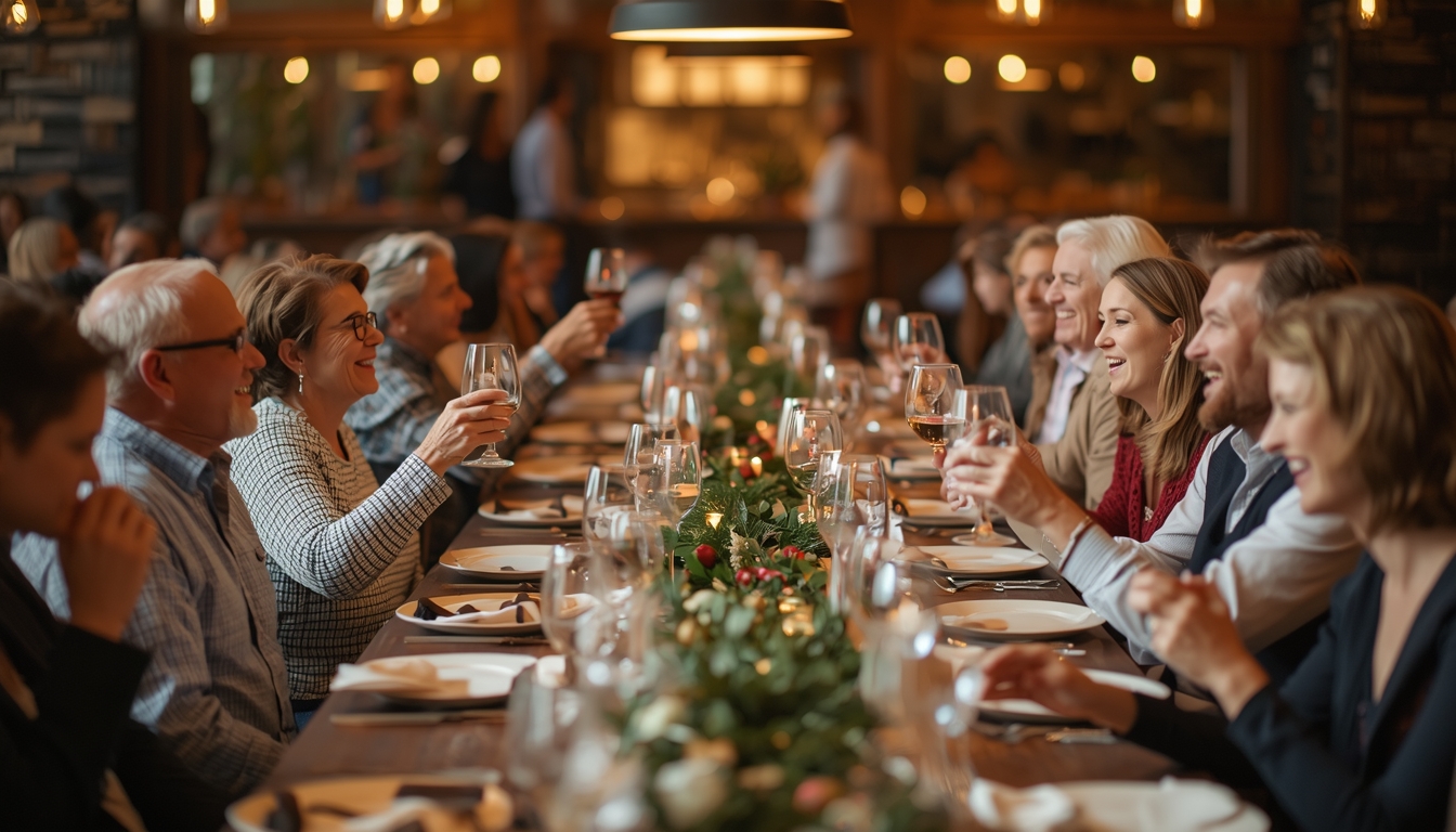 Both families at a long banquet table mid-conversation