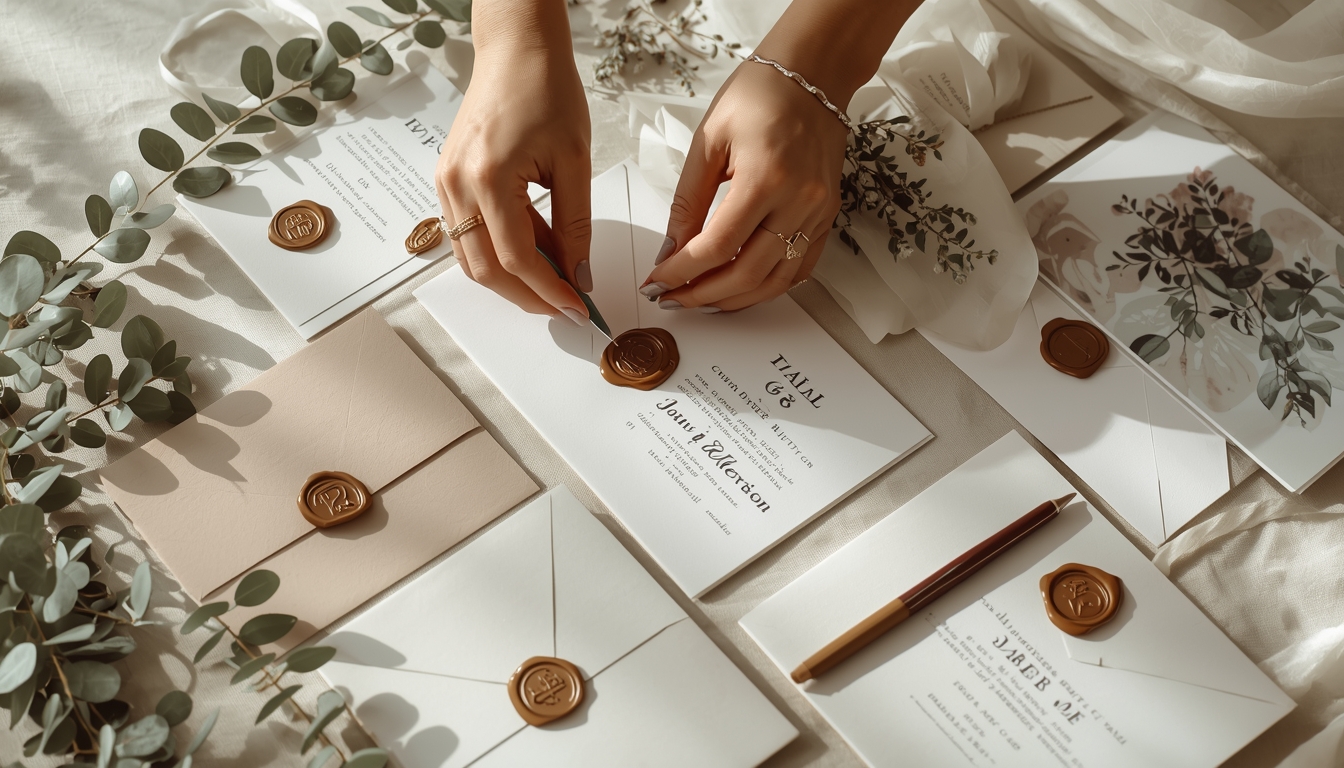 Wedding invitation suites being arranged on linen