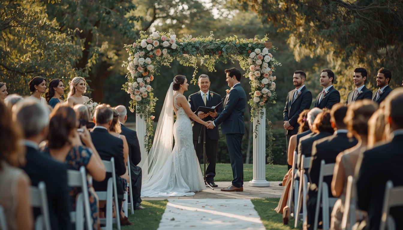 Outdoor wedding ceremony with couple under a floral arch