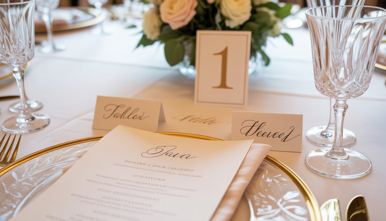 Elegant gala table setting with table number 1 and donor place cards