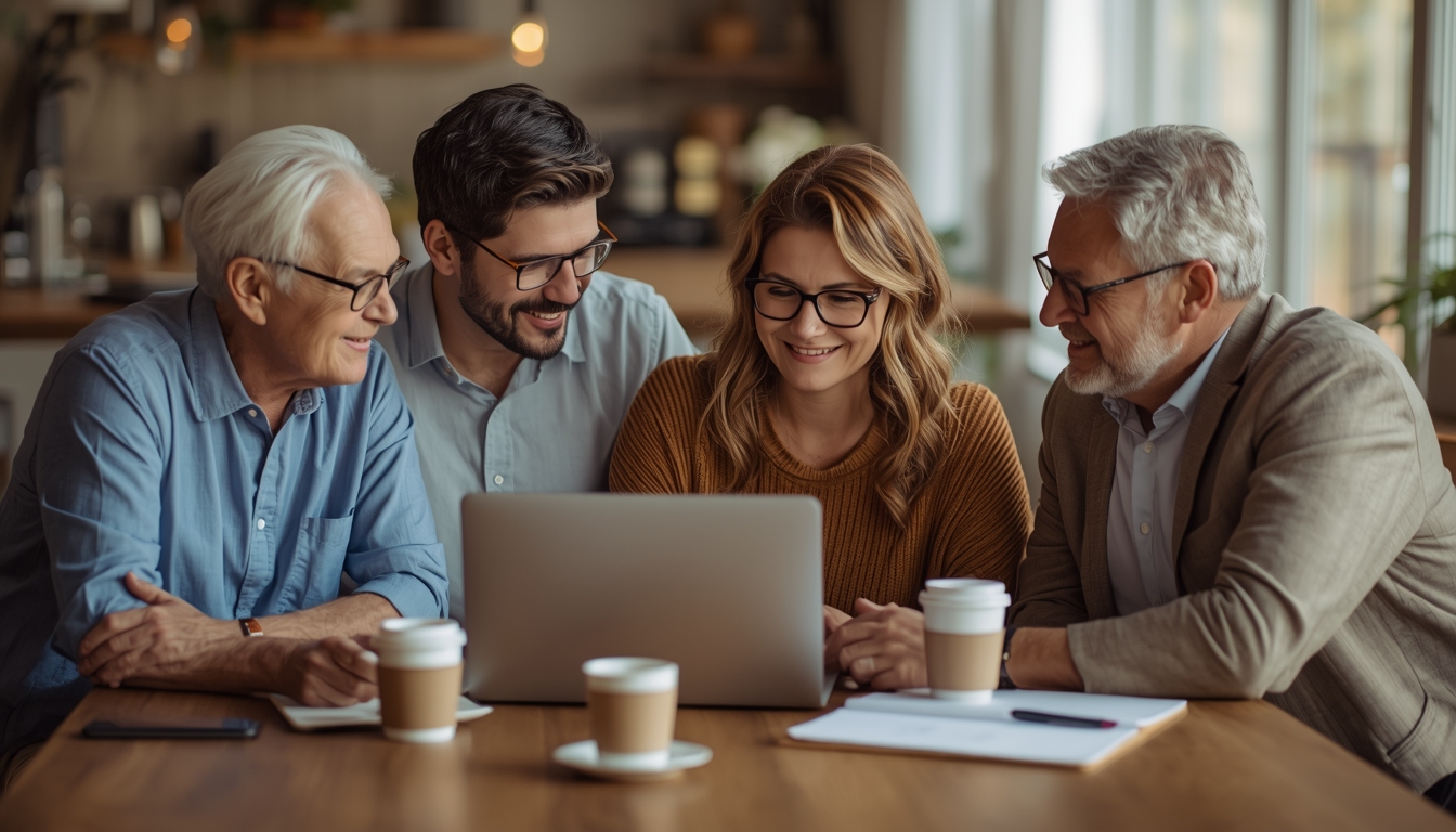Couple and both sets of parents around a dining table planning together