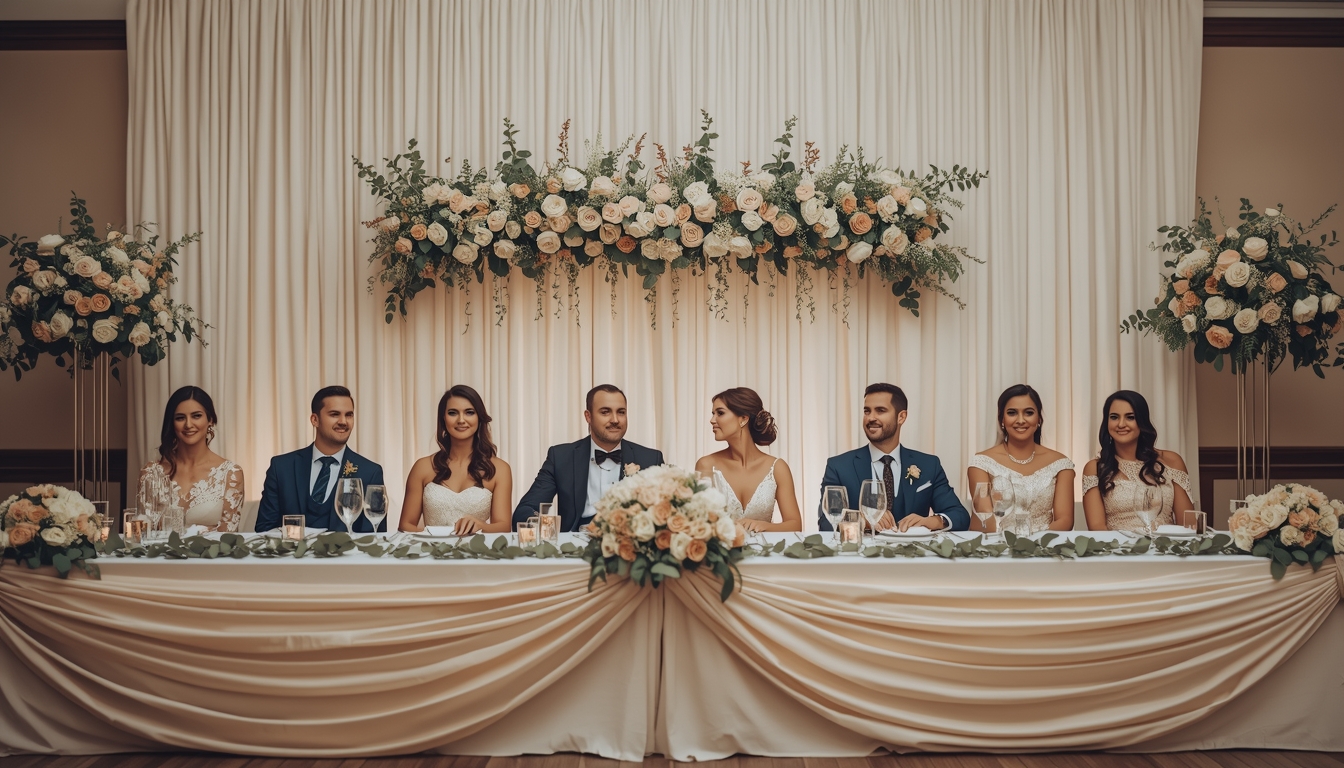 Wedding couple with wedding party alternating on sides