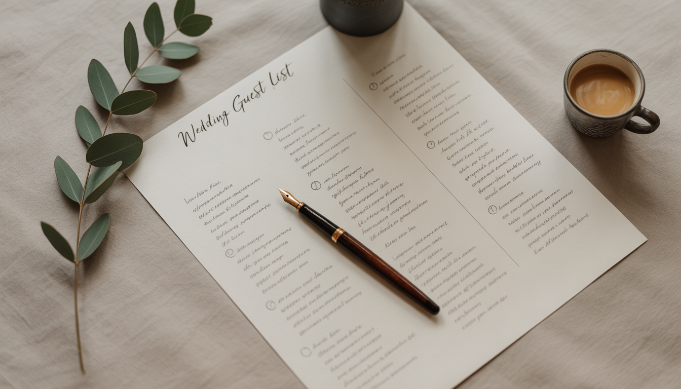 Handwritten guest list grouped into four circles with fountain pen