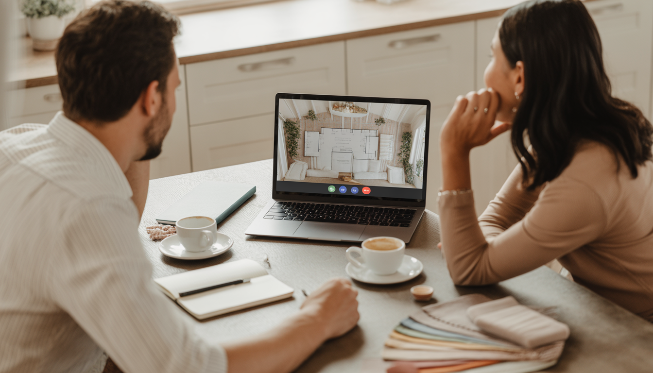 Couple on a video call with a wedding planner reviewing a floor plan