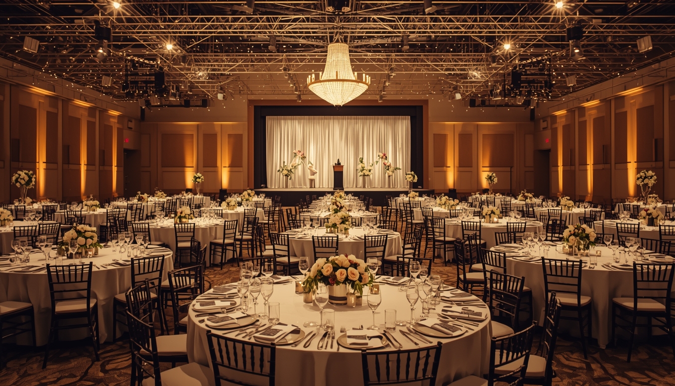 Corporate gala venue with round banquet tables