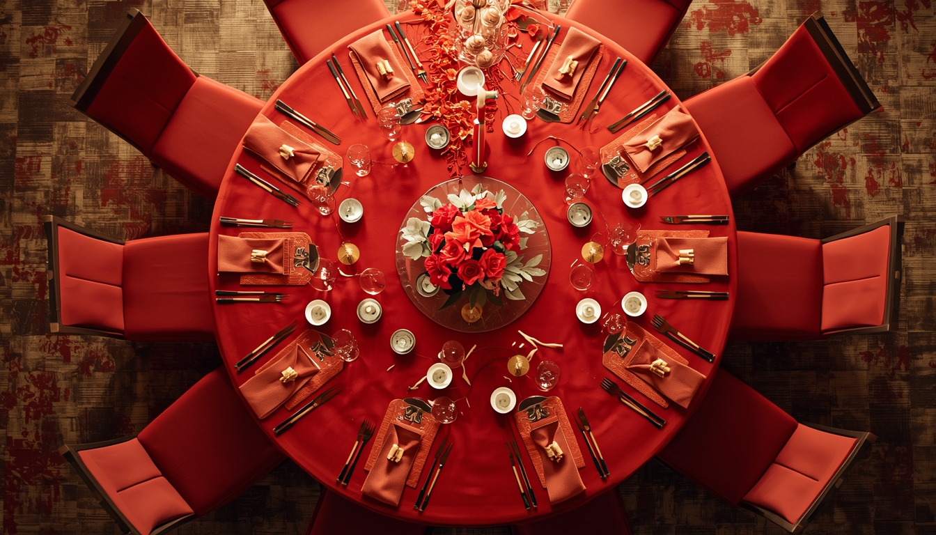 Overhead view of a Chinese banquet round table set for ten guests