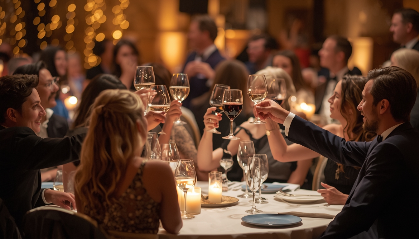 Group of well-dressed gala guests toasting around a dinner table