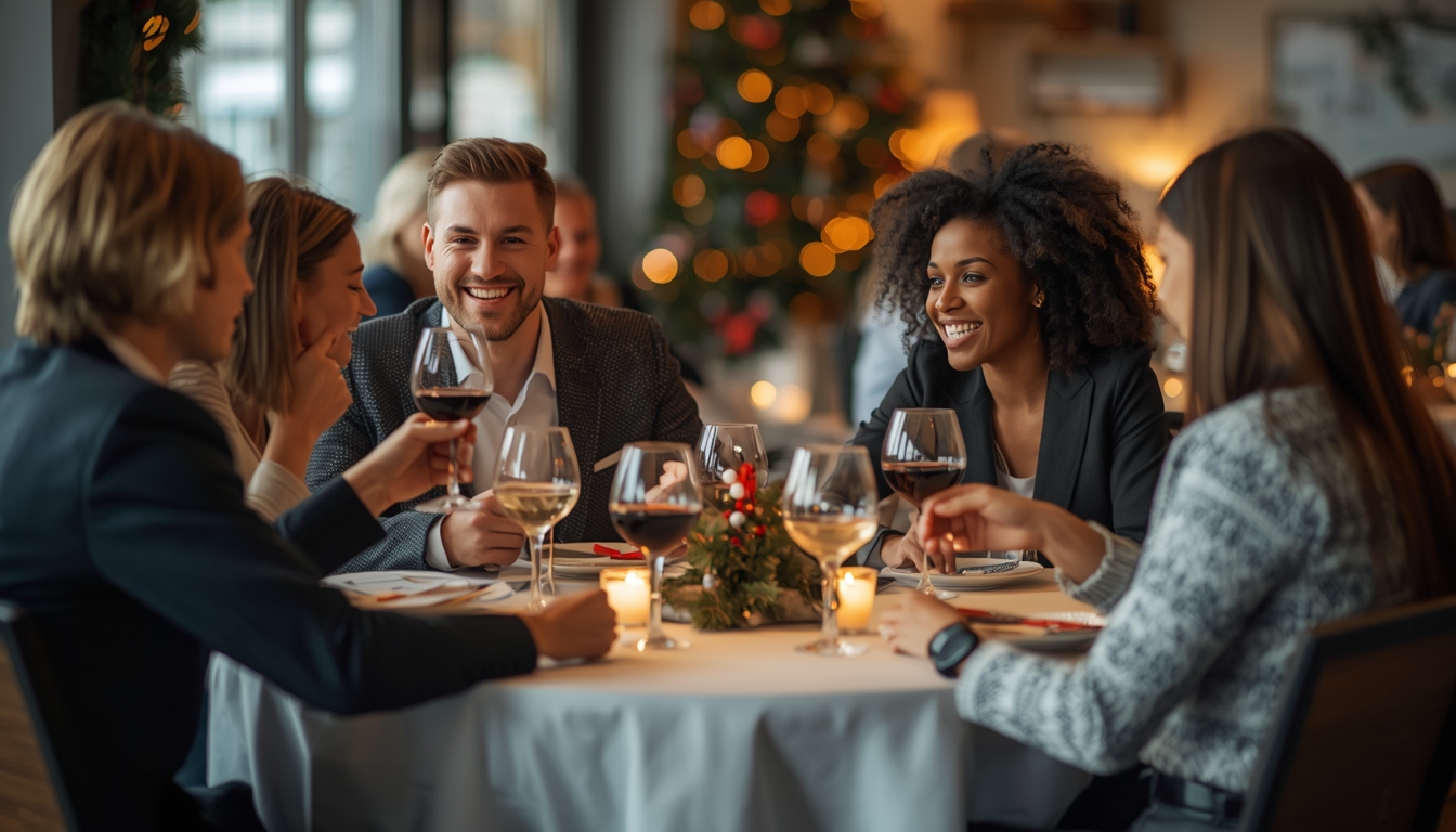 Diverse coworkers around a round dinner table mid-conversation