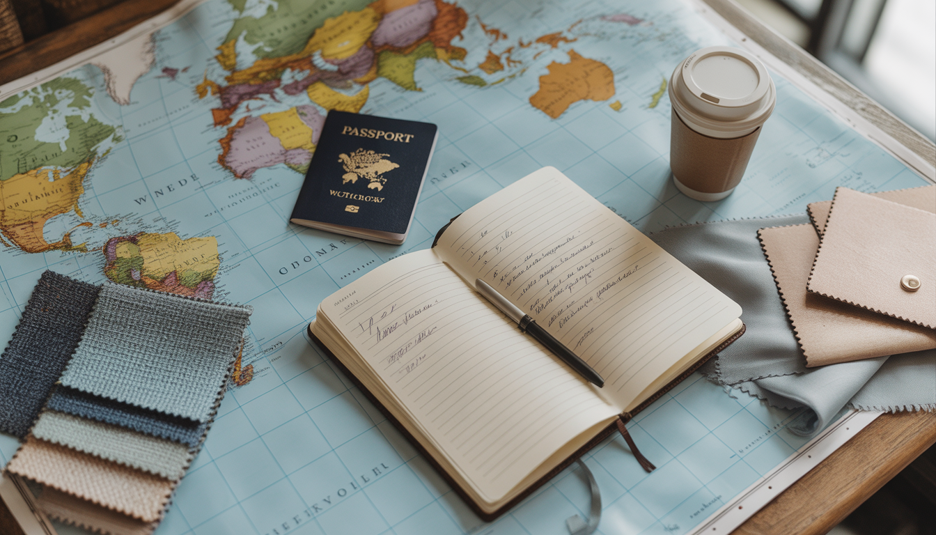 Flat lay of planning desk with world map, passport, swatches