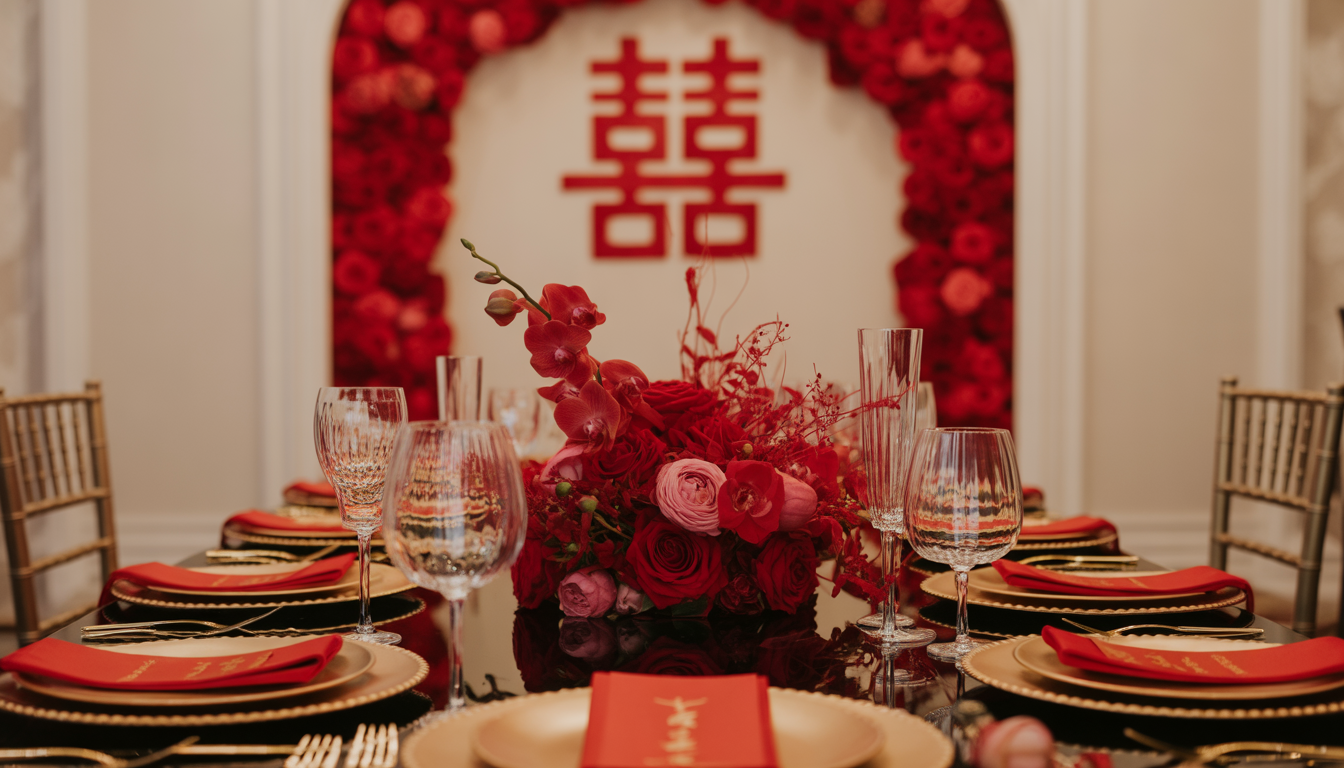 Close-up of a Chinese wedding head table
