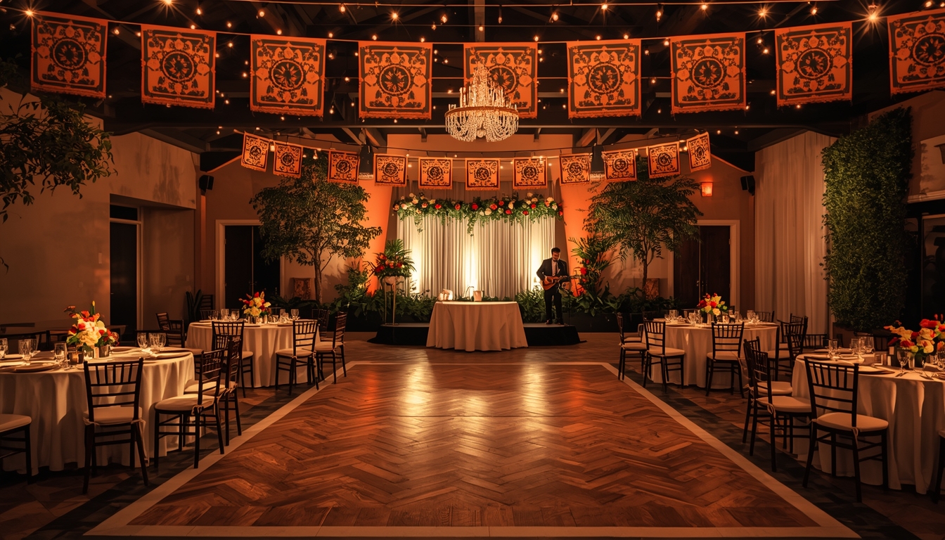 Wide shot of a Mexican wedding reception with round banquet tables