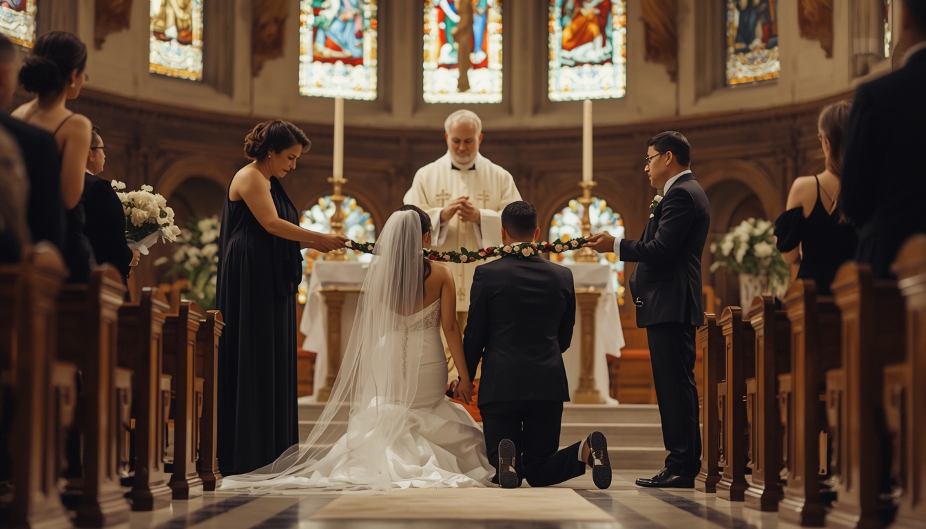 Catholic wedding ceremony moment with the padrinos placing the lazo around the bride and groom