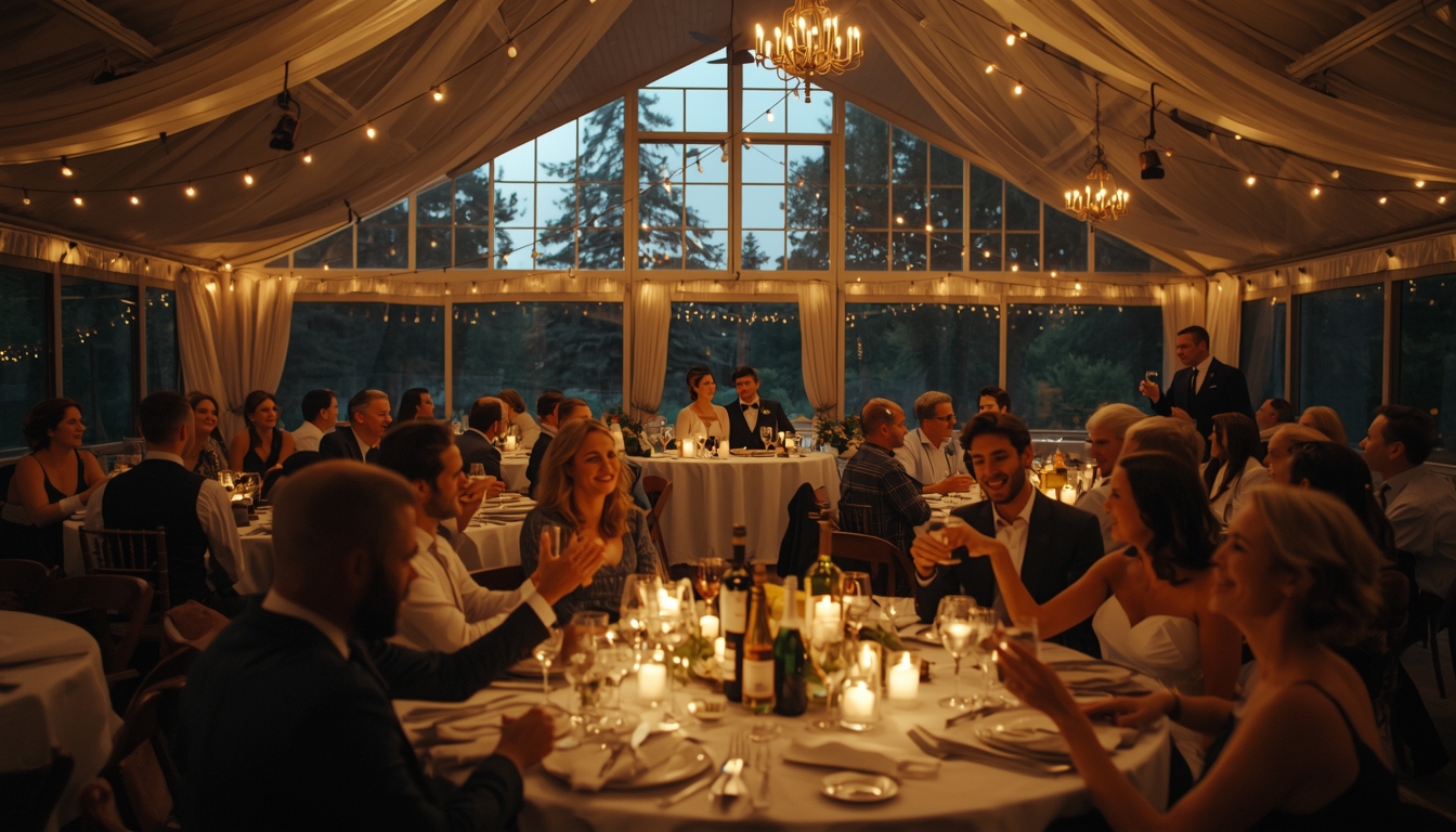 Wide reception shot at twilight with guests toasting